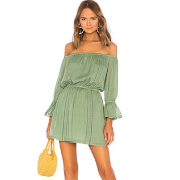 Tularosa Aritzia Luna Green Off The Shoulder Ruffle Mini Dress sz M - Picture 2 of 13